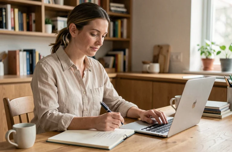 Femme gérant son budget personnel sur un ordinateur portable avec des notes manuscrites dans une cuisine moderne