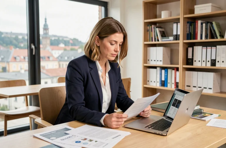 Femme professionnelle consultant des documents de formation CIF dans un bureau moderne à Luxembourg, avec vue sur la ville