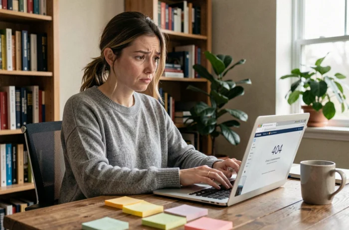 Femme cherchant un site web introuvable sur son ordinateur portable avec une page d'erreur 404 affichée
