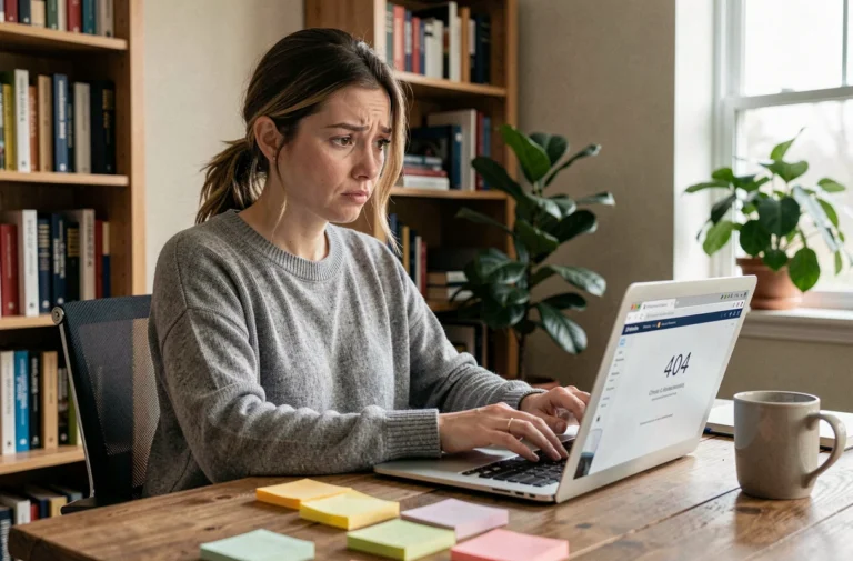 Femme cherchant un site web introuvable sur son ordinateur portable avec une page d'erreur 404 affichée