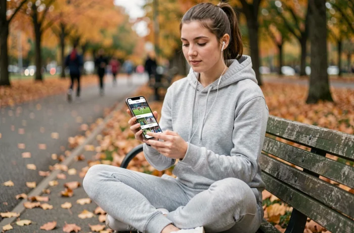Jeune femme consultant toutes les rubriques sportives sur son smartphone dans un parc en automne