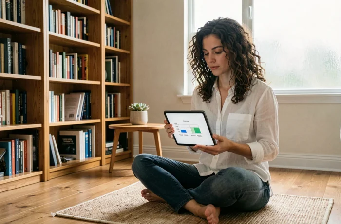 Femme consultant un schéma comparatif des unités de stockage informatique kilo, giga, tera et peta sur une tablette à domicile