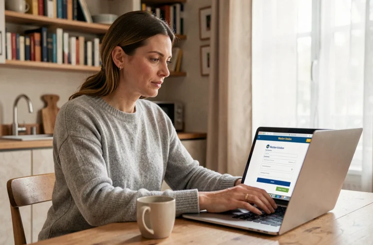 Femme utilisant un ordinateur portable pour envoyer de l'argent en ligne via Western Union depuis son appartement en France