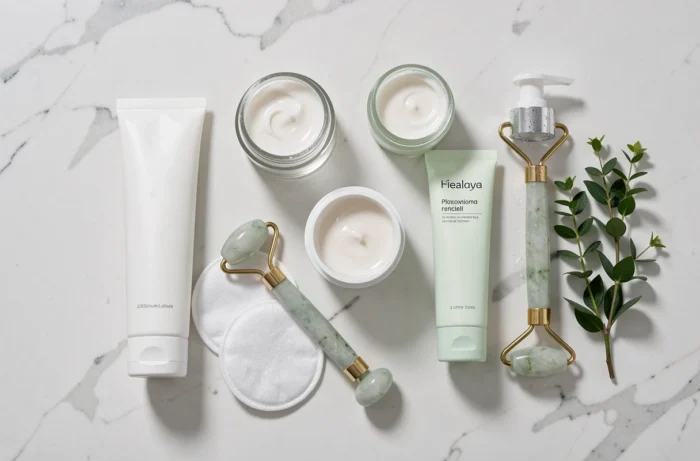 Flat-lay de produits de soin visage contre les boutons sur marbre blanc
