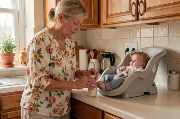 Grand-mère préparant un biberon dans une cuisine familiale chaleureuse avec bébé installé dans un transat à proximité
