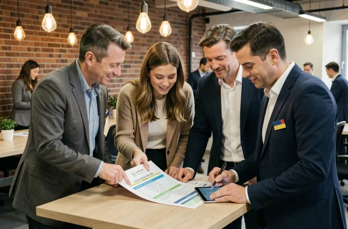 Groupe de professionnels discutant d'un plan de financement CIF autour d'un bureau dans un espace de coworking au Luxembourg