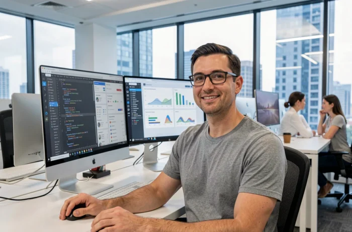Homme portant des lunettes travaillant sur deux écrans d'ordinateur dans un bureau moderne en open space, symbolisant la productivité numérique professionnelle