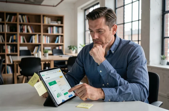 Homme consultant un comparateur de crédit sur tablette dans un espace de coworking moderne