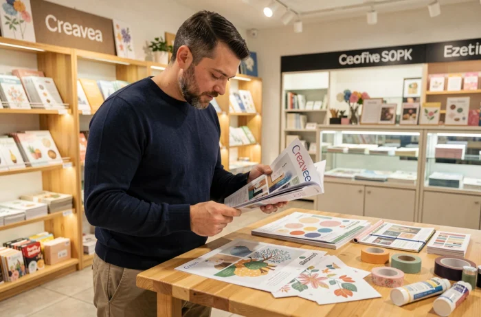 Homme consultant un catalogue Creavea dans une boutique de matériel créatif