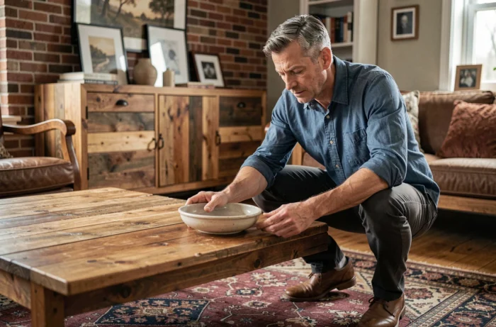 Homme décorant une table basse en bois dans un salon chaleureux avec tapis persan et briques apparentes