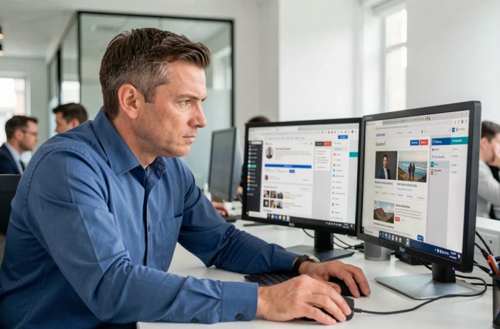Homme utilisant deux écrans d'ordinateur pour retrouver un site internet qui change fréquemment d'adresse URL