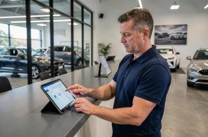 Homme naviguant dans le plan du site Auto World sur une tablette dans une concession automobile
