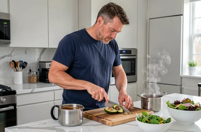 Homme préparant un dîner léger en chrononutrition dans une cuisine moderne avec avocat et salade verte le soir