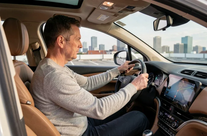 Homme testant le tableau de bord numérique d'un SUV crossover avec vue sur la ville
