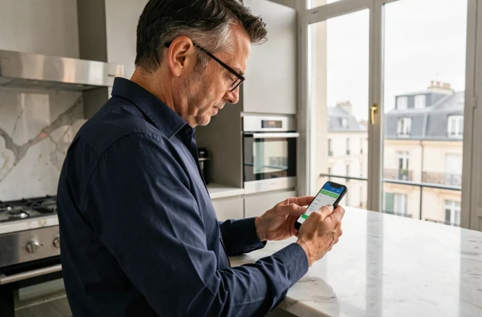 Homme utilisant son smartphone pour effectuer un virement international Western Union depuis une cuisine moderne en France