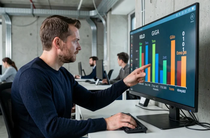 Ingénieur informatique expliquant les unités de données kilo, giga, tera et peta sur un écran d'ordinateur dans un bureau moderne