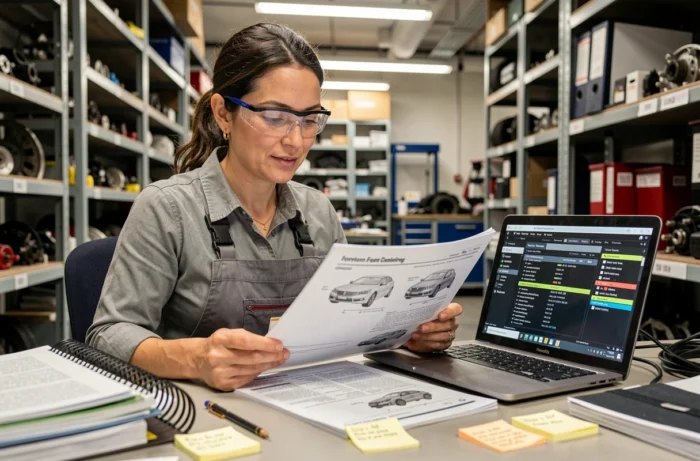 Ingénieure automobile étudiant un manuel de réparation technique et des données de diagnostic sur ordinateur