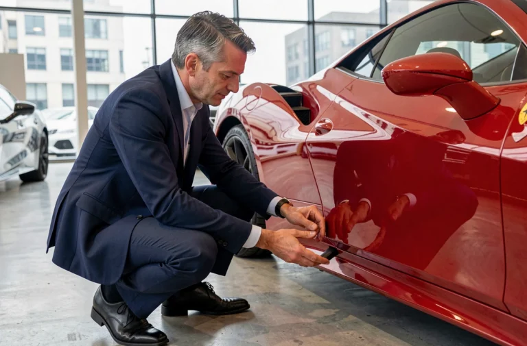 Acheteur inspectant minutieusement la carrosserie d'une Ferrari rouge d'occasion dans un showroom de voitures de luxe
