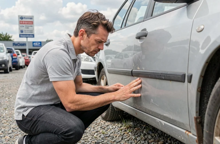 Homme inspectant la carrosserie d'une voiture d'occasion dans un parking de concessionnaire