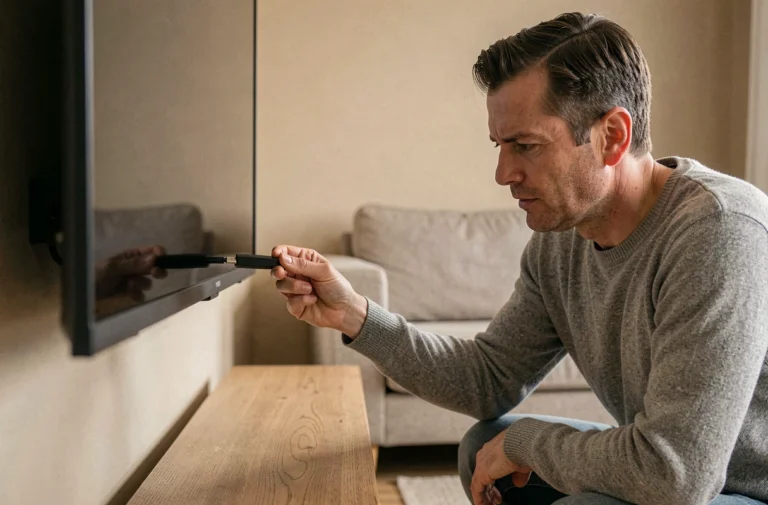 Homme branchant une clé wifi USB sur une télévision connectée pour installer IPTV dans un salon moderne