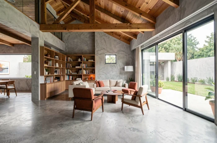 Intérieur spacieux d'une maison de rêve avec salon en béton poli, poutres apparentes et baies vitrées donnant sur un jardin