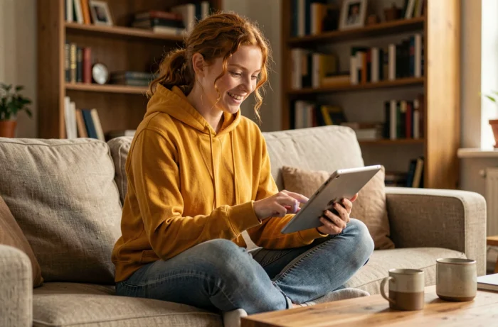 Jeune femme souriante utilisant une tablette numérique confortablement installée dans un salon, représentant l'apprentissage informel des outils numériques