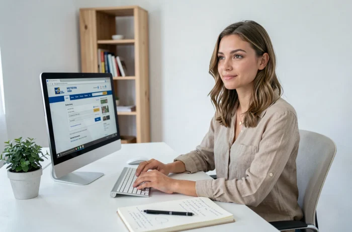 Jeune femme réalisant un transfert d'argent international Western Union sur ordinateur dans un bureau à domicile en France