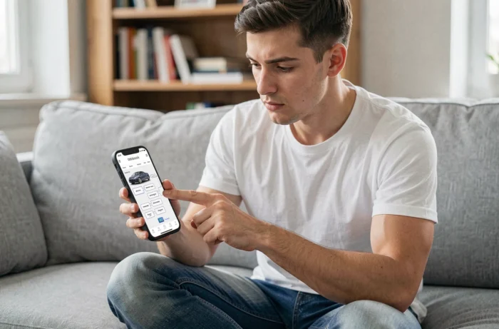 Jeune homme utilisant le plan du site Auto World sur smartphone depuis son canapé