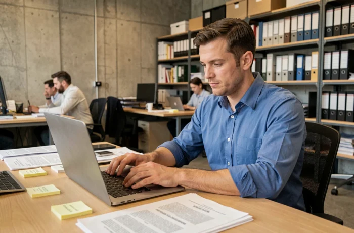 Journaliste juridique travaillant sur l'actualité du droit dans une salle de rédaction contemporaine