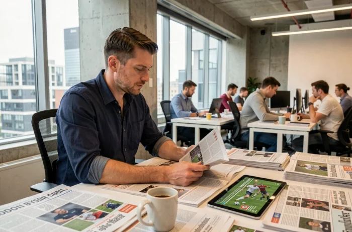 Journaliste sportif consultant les actualités sportives dans une salle de rédaction moderne