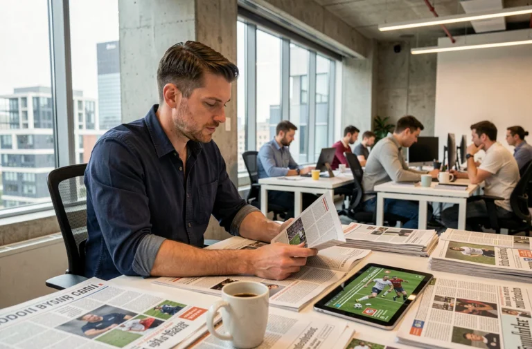 Journaliste sportif consultant les actualités sportives dans une salle de rédaction moderne