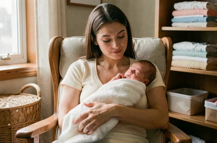 Jeune maman tenant son nouveau-né dans les bras dans une chambre de bébé chaleureuse et bien organisée