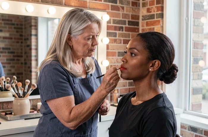 Maquilleur professionnel appliquant une tendance maquillage lèvres terracotta sur un modèle en studio