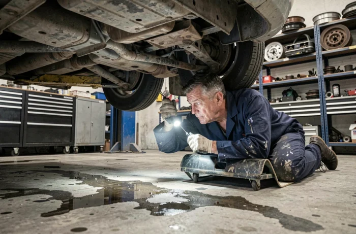 Mécanicien inspectant le dessous d'une voiture d'occasion dans un garage indépendant