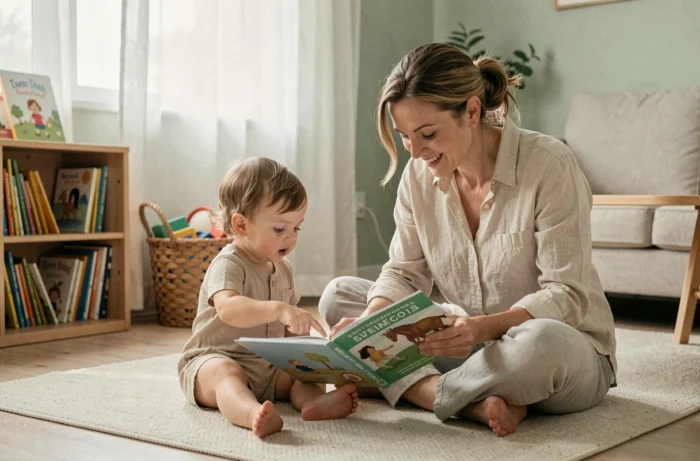 Mère et jeune enfant lisant ensemble un livre illustré sur le sol du salon, moment de complicité familiale et d'éveil