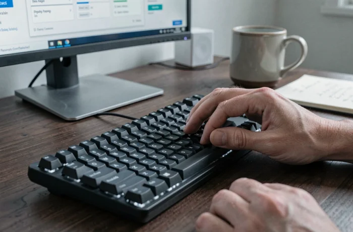 Gros plan sur des mains saisissant un mot de passe complexe sur un clavier mécanique avec un gestionnaire de mots de passe visible à l'écran