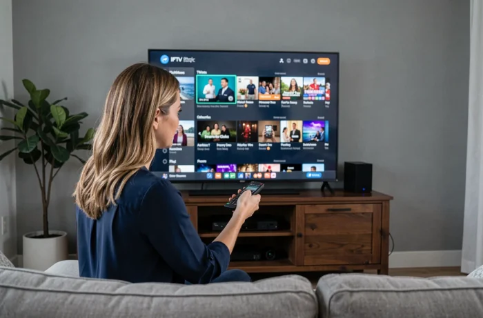 Femme naviguant dans l'interface IPTV sur un téléviseur connecté en wifi depuis son canapé