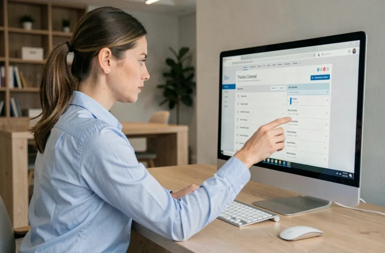 Femme professionnelle naviguant sur les pages d'un site web d'entreprise depuis un bureau moderne