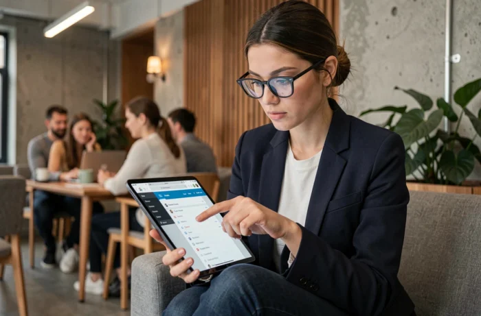 Jeune professionnelle naviguant sur un site de conseil via une tablette dans un espace de coworking