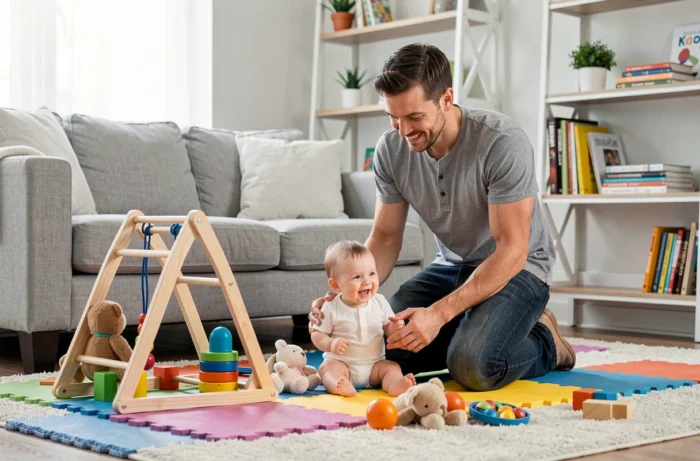 Papa jouant avec son bébé de six mois sur un tapis d'éveil coloré dans le salon familial