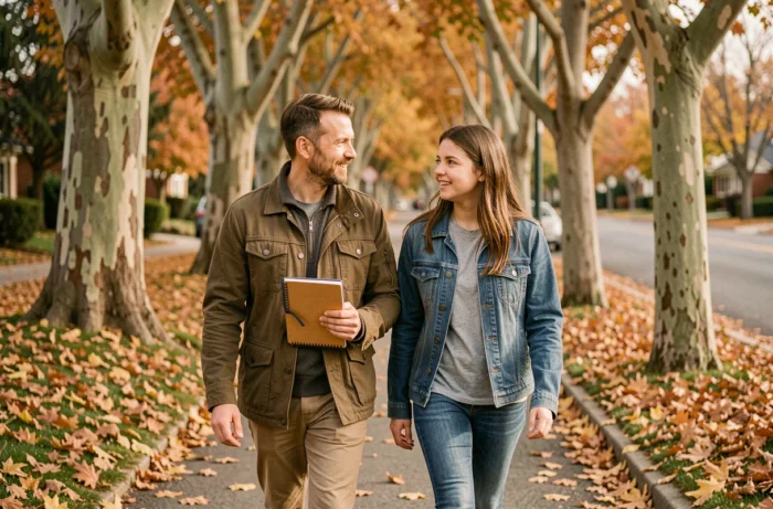 Père et adolescente se promenant et discutant sur un chemin arboré en automne, relation parent-enfant et dialogue familial