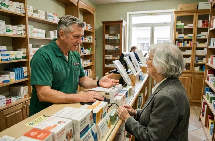 Pharmacien français expliquant un traitement médical à une patiente âgée dans une pharmacie traditionnelle