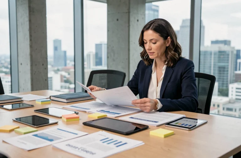 Professionnelle en réunion comparant des ressources documentaires généralistes et B2B sur une table de conférence moderne