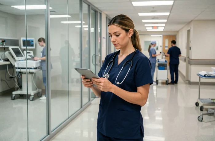 Professionnelle de santé en blouse bleue consultant une tablette numérique dans un couloir hospitalier moderne