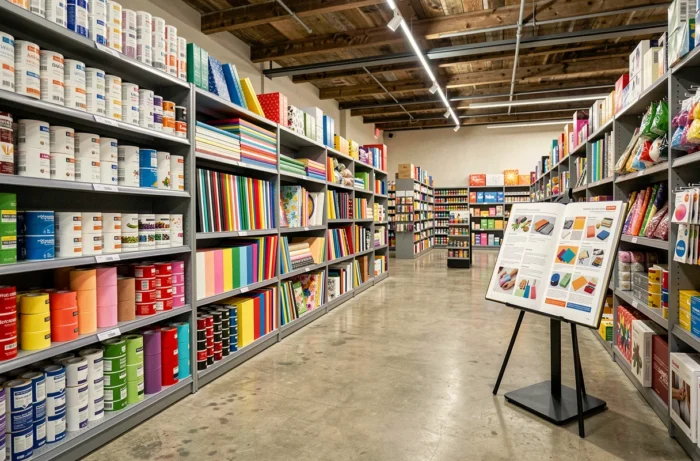 Rayon d'un magasin de loisirs créatifs avec catalogue Creavea en présentoir