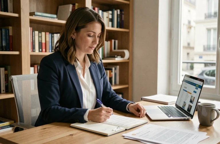 Femme consultant des offres d'emploi sur un bureau moderne à Poitiers, prenant des notes sur un carnet