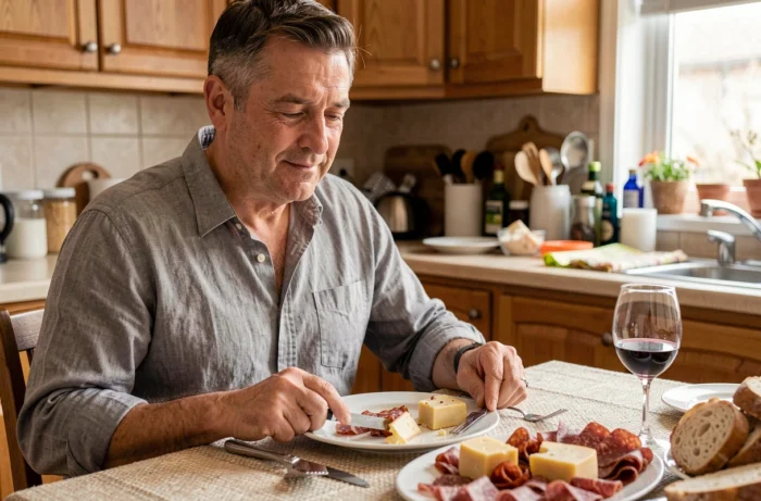 Homme attablé après un repas riche en graisses, illustrant le contexte alimentaire menant à l'opalescence du sérum sanguin par hyperlipémie post-prandiale