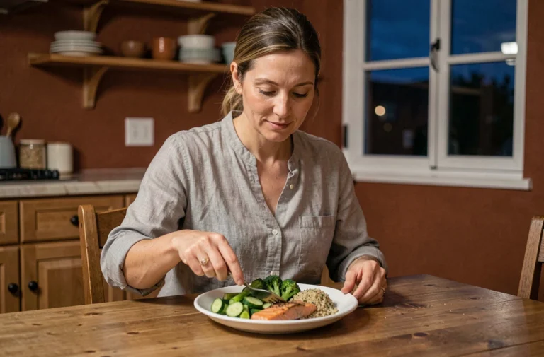 Femme préparant un repas du soir équilibré en chrononutrition avec légumes vapeur, saumon grillé et quinoa sur une table en bois