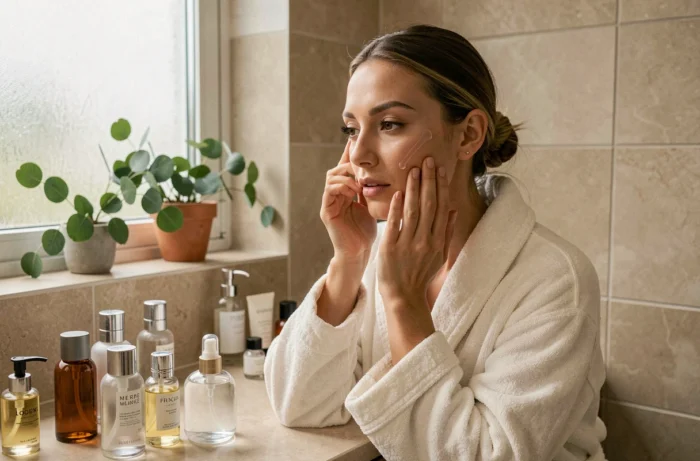 Femme appliquant un sérum de soin visage devant une coiffeuse minimaliste avec des produits de beauté 2024