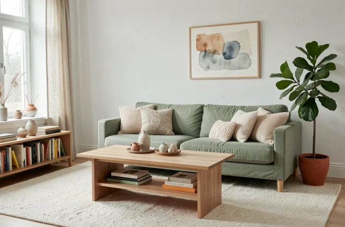 Salon scandinave cosy avec canapé vert sauge, table basse en chêne et plante fiddle-leaf pour une décoration intérieure inspirante